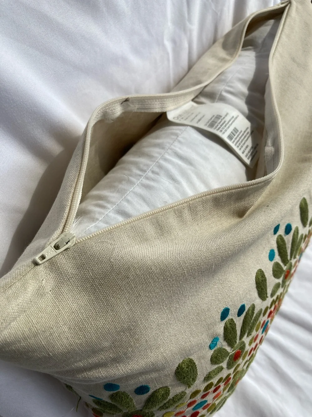 CRATE and  BARREL Embroidered Lumbar Pillow  Boho Linen Cotton 17 x 11 inches